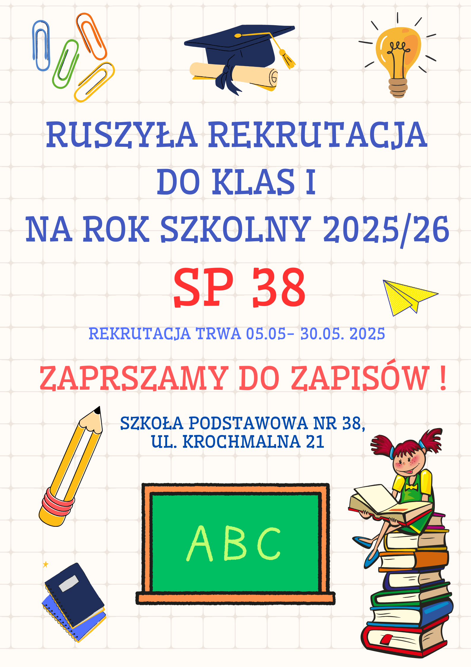 plakat o rekrutacjia do klas pierwszych w roku 2025
