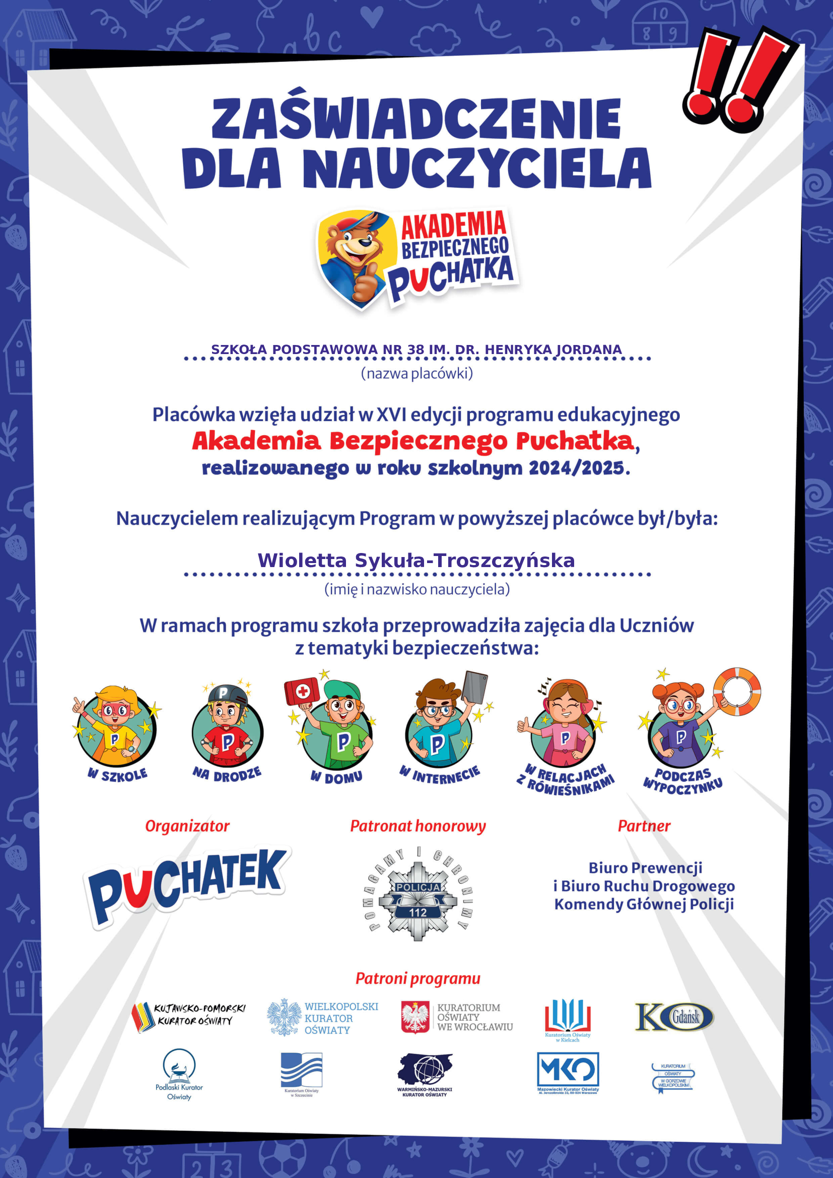 zaświadczenie dla nauczyciela z Akademii Bezpiecznego Puchatka