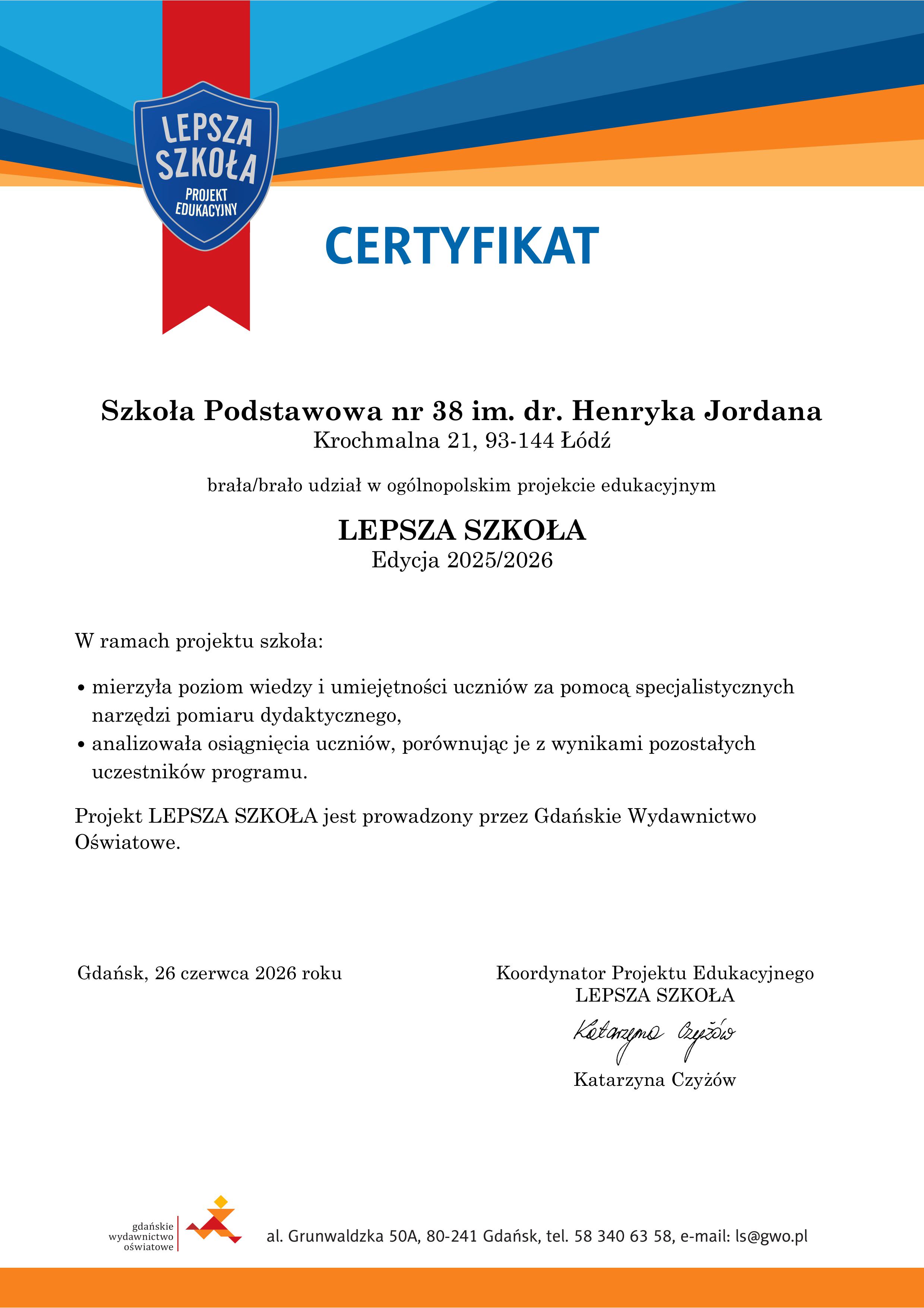 Certyfikat Lepsza szkoła 2025-2026