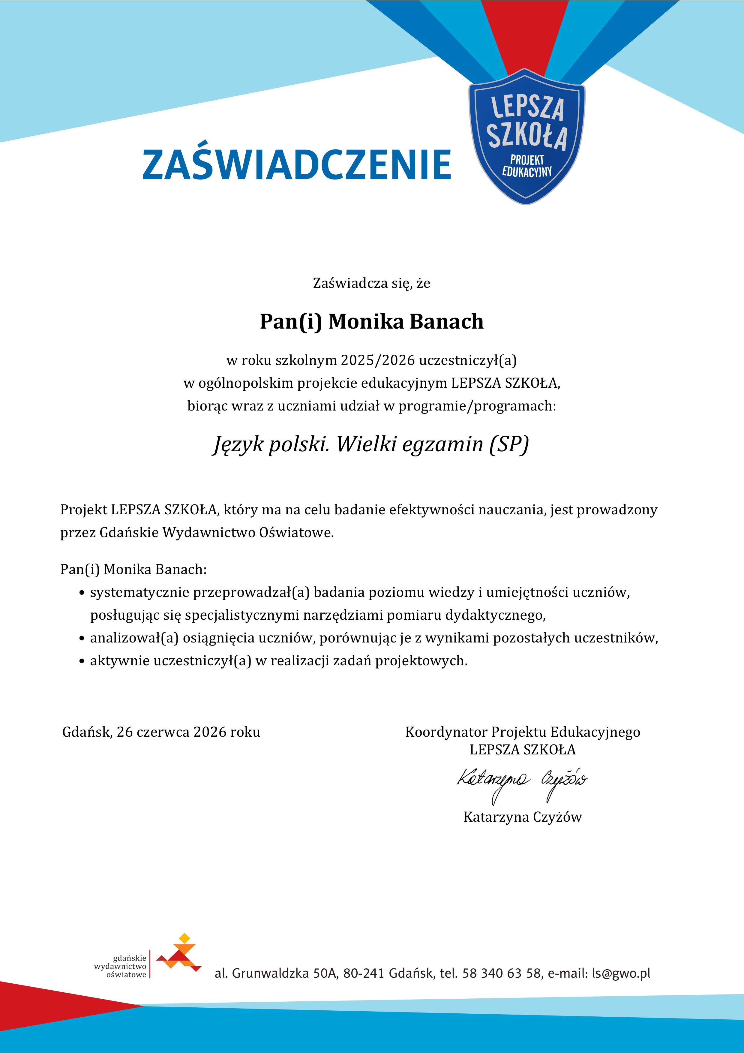 Zaświadczenie Lepsza szkoła 2025-2026