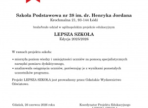 Certyfikat Ogólnopolskiego Projektu Lepsza Szkoła 2025-26
